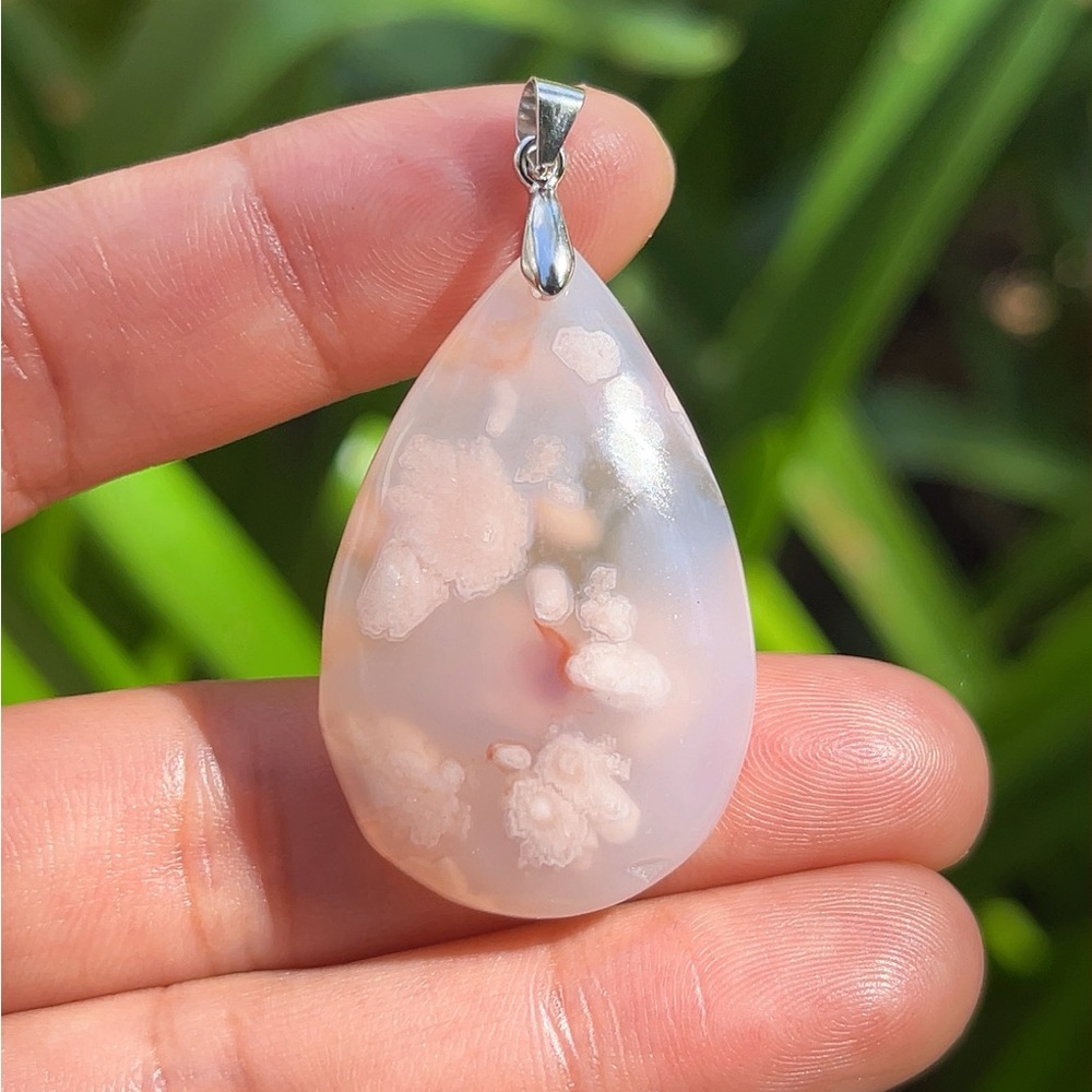 Sterling silver‎ 925 stamped pink flower agate pendant 2120